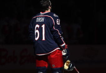 COLUMBUS, OHIO - APRIL 23:  Rick Nash #61 of the Columbus Blue Jackets stands during the playing of the national anthem prior to playing against the Detroit Red Wings during Game Four of the Western Conference Quarterfinals of the 2009 Stanley Cup Playoffs on April 23, 2009 at the Nationwide Arena in Columbus, Ohio. The Red Wings defeated the Blue Jackets 6-5 on a late goal by Johan Franzen to eliminate the Blue Jackets 4 games to 0. (Photo by Claus Andersen/Getty Images