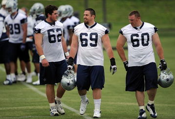IRVING, TX - MAY 01:  (L-R)  Ryan Gibbons #62 , Matt Spanos #69 and Travis Bright #60 of the Dallas Cowboys during rookie mini camp on May 1, 2009 in Irving, Texas.  (Photo by Ronald Martinez/Getty Images)