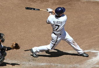 MILWAUKEE - MAY 14: J.J. Hardy #7 of the Milwaukee Brewers hits the ball against the Florida Marlins on May 14, 2009 at Miller Park in Milwaukee, Wisconsin. The Brewers defeated the Marlins 5-3. (Photo by Jonathan Daniel/Getty Images)