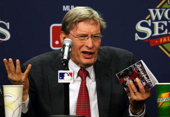 PHILADELPHIA - OCTOBER 27:  Major League Baseball commissioner Bud Selig explains the rules involved with suspending game five of the 2008 MLB World Series between the Philadelphia Phillies and the Tampa Bay Rays till 8:00 pm (EST) on October 28 at the earliest of the Philadelphia Phillies at a press conference on October 27, 2008 at Citizens Bank Park in Philadelphia, Pennsylvania.  (Photo by Elsa/Getty Images)