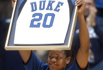 DURHAM, NC - JANUARY 24:  Duke's Alana Beard raises up her framed jersey number after an official ceremony retiring her jersey before the game against Tennessee in Cameron Indoor Stadium January 24, 2004 in Durham, North Carolina. Beard is the first woman basketball player in Duke history to have her jersey retired. She is a two-time Kodak All-American and 2003 National Player of the Year. She is the career point's leader at Duke with 2,320. . (Photo by Sara D. Davis/Getty Images)