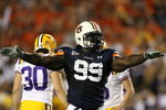 AUBURN, AL - SEPTEMBER 20: Defensive lineman Tez Doolittle #99 of the Auburn Tigers celebrates after place kicker Colt David #6 of the LSU Tigers missed a field goal at Jordan-Hare Stadium on September 20, 2008 in Auburn, Alabama. (Photo by Doug Benc/Getty Images)