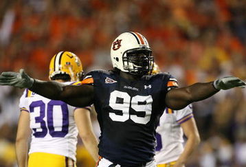 AUBURN, AL - SEPTEMBER 20: Defensive lineman Tez Doolittle #99 of the Auburn Tigers celebrates after place kicker Colt David #6 of the LSU Tigers missed a field goal at Jordan-Hare Stadium on September 20, 2008 in Auburn, Alabama. (Photo by Doug Benc/Getty Images)