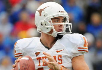 LAWRENCE, KS - NOVEMBER 15:  Colt McCoy #12 of the Texas Longhorns looks to throw against the Kansas Jayhawks on November 15, 2008 at Memorial Stadium in Lawrence, Kansas.  Texas defeated Kansas 35-7. (Photo by G. Newman Lowrance/Getty Images)