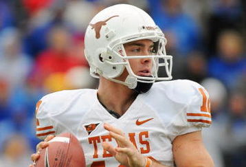 LAWRENCE, KS - NOVEMBER 15:  Colt McCoy #12 of the Texas Longhorns looks to throw against the Kansas Jayhawks on November 15, 2008 at Memorial Stadium in Lawrence, Kansas.  Texas defeated Kansas 35-7. (Photo by G. Newman Lowrance/Getty Images)