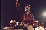 1 Jan 1996:  Head coach Bobby Bowden of the Florida State Seminoles is carried triumphantly off the field by nose guard Andre Wadsworth #8 and tackle Orpheus Roy after defeating the Notre Dame Fighting Irish in the Orange Bowl in Miami, Florida 31-26.  Ma
