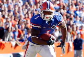 GAINESVILLE, FL - NOVEMBER 22:  Percy Harvin #1 of the Florida Gators runs for a touchdown during the game against the Citadel Bulldogs at Ben Hill Griffin Stadium on November 22, 2008 in Gainesville, Florida.  (Photo by Sam Greenwood/Getty Images)