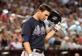 PHOENIX - MAY 30:  Jeff Francoeur #7 of the Atlanta Braves reacts after striking out against the Arizona Diamondbacks during the major league baseball game at Chase Field on May 30, 2009 in Phoenix, Arizona.The Diamondbacks defeated the Braves 3-2.  (Photo by Christian Petersen/Getty Images)
