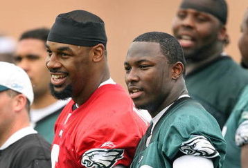 PHILADELPHIA - MAY 1: Quarterback Donovan McNabb #5 (L) stands  on the sideline with second round draft pick running back LeSean McCoy #29 of the Philadelphia Eagles during minicamp at the NovaCare Complex on May 1, 2009 in Philadelphia, Pennsylvania. (Photo by Hunter Martin/Getty Images)