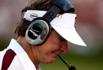 COLUMBIA, SC - SEPTEMBER 13:  Head coach Steve Spurrier of the South Carolina Gamecocks looks down during their game against the Georgia Bulldogs September 13, 2008 at Williams-Brice Stadium in Columbia, South Carolina.  (Photo by Streeter Lecka/Getty Images)
