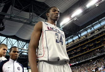DETROIT - APRIL 04:  Hasheem Thabeet #34 of the Connecticut Huskies walks off the court to the locker room after the first half against the Michigan State Spartans during the National Semifinal game of the NCAA Division I Men's Basketball Championship at Ford Field on April 4, 2009 in Detroit, Michigan.  (Photo by Gregory Shamus/Getty Images)