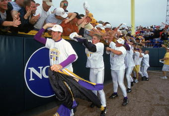 17 Jun 2000:  The Louisiana State Tigers high fives fans in the stands after the College World Series Game against the Stanford Cardinal at Rosenblatt Stadium in Omaha, Nebraska.  The Tigers defeated the Cardinal 6-5.Mandatory Credit: Andy Lyons  /Allsport