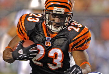 Cincinnati Bengals running back Chris Perry rushes for a gain versus the Indianapolis Colts in a preseason game, Sept. 2, 2005 in Cincinnati, Ohio. The Bengals defeated the Colts 38-0.  (Photo by Al Messerschmidt/Getty Images)