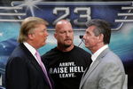 NEW YORK - MARCH 28:  Donald Trump, wrestler Stone Cold Steve Austin and WWE Chairman Vince McMahon attend the press conference held by Battle of the Billionaires to announce the details of Wrestlemania 23 at Trump Tower on March 28, 2007 in New York City.  (Photo by Bryan Bedder/Getty Images)