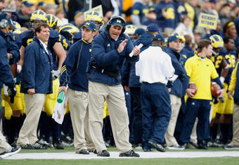 ANN ARBOR, MI - OCTOBER 25:  Head Coach Rich Rodriguez of the Michigan Wolverines watches from the sidelines during the game against the Michigan State Spartans on October 25, 2008 at Michigan Stadium in Ann Arbor, Michigan. Michigan State won the game 35-21. (Photo by Gregory Shamus/Getty Images)