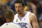 ORLANDO, FL - JUNE 14:  Hedo Turkoglu #15 of the Orlando Magic talks with referee Dan Crawford #43 during Game Five of the 2009 NBA Finals against the Los Angeles Lakers on June 14, 2009 at Amway Arena in Orlando, Florida. The Lakers won 99-86. NOTE TO USER:  User expressly acknowledges and agrees that, by downloading and or using this photograph, User is consenting to the terms and conditions of the Getty Images License Agreement. (Photo by Elsa/Getty Images) 