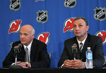 NEWARK, NJ - JULY 13: General Manager Lou Lamoriello of the New Jersey Devils introduces his new head coach Brent Sutter at a news conference on July 13, 2007 at the National Newark Building in Newark, New Jersey. (Photo by Bruce Bennett/Getty Images)