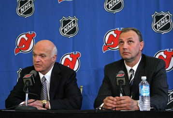 NEWARK, NJ - JULY 13: General Manager Lou Lamoriello of the New Jersey Devils introduces his new head coach Brent Sutter at a news conference on July 13, 2007 at the National Newark Building in Newark, New Jersey. (Photo by Bruce Bennett/Getty Images)