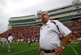 BLACKSBURG, VA - SEPTEMBER 01:  Head coach Frank Beamer of the Virginia Tech Hokies looks on after the Hokies 17-7 win over the East Carolina Pirates on September 1, 2007 at Lane Stadium in Blacksburg, Virginia.  (Photo by Kevin C. Cox/Getty Images)