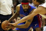 CLEVELAND - APRIL 18:  Anderson Varejao #17 of the Cleveland Cavaliers guards Rasheed Wallace (L) #30 of the Detroit Pistons during Game One of the Eastern Conference Quarterfinals during the 2009 NBA Playoffs at Quicken Loans Arena on April 18, 2009 in Cleveland, Ohio. NOTE TO USER: User expressly acknowledges and agrees that, by downloading and or using this photograph, User is consenting to the terms and conditions of the Getty Images License Agreement.  (Photo by Matt Sullivan/Getty Images)