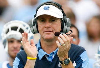 CHAPEL HILL, NC - OCTOBER 06:  Head coach Butch Davis of the North Carolina Tar Heels celebrates towards his offense after a touchdown against the Miami Hurricanes during the first half at Kenan Stadium on October 6, 2007 in Chapel Hill, North Carolina.  North Carolina defeated Miami 33-27.  (Photo by Kevin C. Cox/Getty Images)