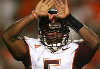 MIAMI - NOVEMBER 13:  Quarterback Tyrod Taylor #5 of the Virginia Tech Hokies celebrates after his touchdown run in the second quarter against the Miami Hurricanes at Dolphin Stadium on November 13, 2008 in Miami, Florida.  (Photo by Doug Benc/Getty Images)