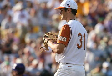 OMAHA, NE - JUNE 22:  Pitcher Chance Ruffin #31 of the Texas Longhorns looks on after allowing a first inning homerun to Ryan Schimpf #16 of the of the Louisiana State University Tigers in Game One of the 2009 NCAA College World Series at Rosenblatt Stadium on June 22, 2009 in Omaha, Nebraska. (Photo by Elsa/Getty Images)