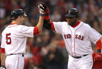 BOSTON - JUNE 11:  David Ortiz #34 of the Boston Red Sox hits a home run and celebrates with teammate Rocco Baldelli against the New York Yankees at Fenway Park on June 11, 2009 in Boston, Massachusetts.  (Photo by Jim Rogash/Getty Images)