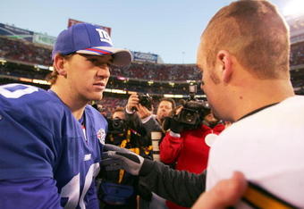 EAST RUTHERFORD, NJ - DECEMBER 18: Ben Roethlisberger #7 of the Pittsburgh Steelers talks with Eli Manning #10 of the New York Giants after their game at Giants Stadium on December 18, 2004 in East Rutherford, New Jersey. The Steelers won 33-30. (Photo by Ezra Shaw/Getty Images)