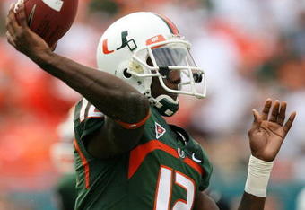 MIAMI - OCTOBER 25:  Quarterback Jacory Harris #12 of the Miami Hurricanes throws a pass while taking on the Wake Forest Demon Decons at Dolphin Stadium on October 25, 2008 in Miami, Florida. Miami defeated Wake Forest 16-10.  (Photo by Doug Benc/Getty Images)