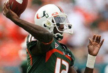 MIAMI - OCTOBER 25:  Quarterback Jacory Harris #12 of the Miami Hurricanes throws a pass while taking on the Wake Forest Demon Decons at Dolphin Stadium on October 25, 2008 in Miami, Florida. Miami defeated Wake Forest 16-10.  (Photo by Doug Benc/Getty Images)