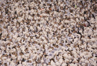 UNIVERSITY PARK, PA - OCTOBER 27: Penn State students cheer their Nittany Lions after staging a 'white out' during the game against the Ohio State Buckeyes at Beaver Stadium on October 27, 2007 in University Park, Pennsylvania. Ohio State won 37-17. (Photo by Hunter Martin/Getty Images)