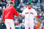 BOSTON - APRIL 9: Manager Terry Francona removes Daisuke Matsuzaka #18 of the Boston Red Sox against the Tampa Bay Rays at Fenway Park, April 9, 2009, in Boston, Massachusetts. (Photo by Jim Rogash/Getty Images)