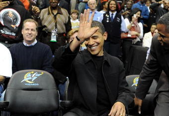 WASHINGTON - FEBRUARY 27:  U.S. President Barack Obama attends an NBA (National Basketball Association) game between the Chicago Bulls and Washington Wizards on February 27, 2009 at the Verizon Center in Washington, DC.  (Photo by Michael Reynolds-Pool/Getty Images)