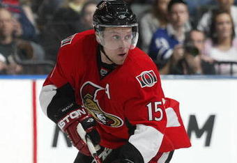 TORONTO - APRIL 11:  Dany Heatley #15 of the Ottawa Senators skates with the puck in a game against the Toronto Maple Leafs on April 11, 2009 at the Air Canada Centre in Toronto, Ontario. The Leafs defeated the Senators on the strength of a 3 goal performance by Boyd Devereaux #22. (Photo by Claus Andersen/Getty Images) 