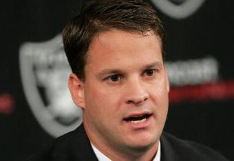 ALAMEDA, CA - JANUARY 23:  Newly hired head coach of the Oakland Raiders, Lane Kiffin, speaks during a press conference on January 23, 2007 in Alameda, California. Kiffin, a 31 year-old offensive coordinator from the University of Southern California, was named as the new head coach to replace Art Shell who was fired after going 2-14 for the season.  (Photo by Justin Sullivan/Getty Images)