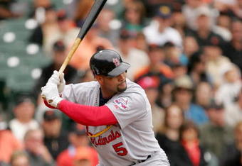 SAN FRANCISCO - MAY 31:  Albert Pujols #5 of the St. Louis Cardinals bats against the San Francisco Giants at AT&T Park on May 31, 2009 in San Francisco, California.  (Photo by Ezra Shaw/Getty Images)