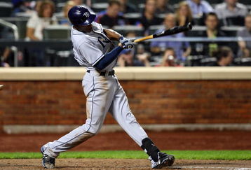 NEW YORK - JUNE 19:  B.J. Upton #2 of the Tampa Bay Rays hits a two run double in the seventh inning against the New York Mets on June 19, 2009 at Citi Field in the Flushing neighborhood of the Queens borough of New York City.  (Photo by Jim McIsaac/Getty Images)