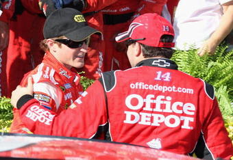 SONOMA, CA - JUNE 21: Tony Stewart, driver of the #14 Office Depot Chevrolet, congratulates Kasey Kahne, driver of the #9 Budweiser Dodge, after Kasey won the NASCAR Sprint Cup Series Toyota/Save Mart 350 at the Infineon Raceway on June 21, 2009 in Sonoma, California.  (Photo by Christian Petersen/Getty Images for NASCAR)
