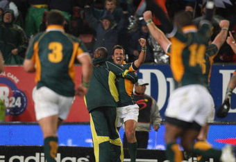 CAPE TOWN, SOUTH AFRICA - JUNE 23:  Willem de Waal of the Emerging Springboks celebrates after equalising the match with a last kick of the match convertion withduring the match between the Emerging Springboks and the British and Irish Lions on their 2009 tour of South Africa at Newlands Stadium on June 23, 2009 in Cape Town, South Africa.  (Photo by David Rogers/Getty Images)