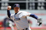 OAKLAND, CA - APRIL 15: Tim Wakefield #49 of the Boston Red Sox pitches against the Oakland Athletics during a Major League Baseball game on April 15, 2009 at the Oakland Coliseum in Oakland, California.  (Photo by Jed Jacobsohn/Getty Images)
