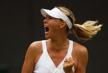 WIMBLEDON, ENGLAND - JUNE 22:  Maria Sharapova of Russia celebrates during the women's singles first round match against Viktoriya Kutuzova of Ukraine on Day One of the Wimbledon Lawn Tennis Championships at the All England Lawn Tennis and Croquet Club on June 22, 2009 in London, England.  (Photo by Julian Finney/Getty Images)