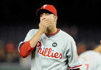 WASHINGTON - APRIL 16:  Jack Taschner #57 of the Philadelphia Phillies leaves the game after giving up 4 runs in the eighth inning to Washington Nationals at Nationals Park on April 16, 2009 in Washington, DC.  (Photo by Greg Fiume/Getty Images)