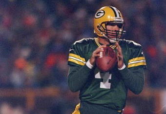 2 Nov 1997:  Quarterback Brett Favre of the Green Bay Packers drops back to pass during the Packers 20-10 win over the Detroit Lions at Lambeau Field in Green Bay, Wisconsin. Mandatory Credit: Todd Warshaw  /Allsport