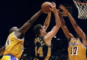 14 Feb 1999:  Austin Croshere #44 of the Indiana Pacers going up for the shot during the game against the Los Angeles Lakers at the Great Western Forum in Inglewood, California. The Pacers defeated the Lakers 101- 99.  Mandatory Credit: Donald Miralle  /Allsport