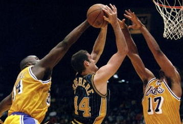 14 Feb 1999:  Austin Croshere #44 of the Indiana Pacers going up for the shot during the game against the Los Angeles Lakers at the Great Western Forum in Inglewood, California. The Pacers defeated the Lakers 101- 99.  Mandatory Credit: Donald Miralle  /Allsport
