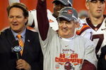 MIAMI - JANUARY 01:  Head coach Frank Beamer of the Virginia Tech Hokies celebrates after defeating the Cincinnati Bearcats to win the FedEx Orange Bowl at Dolphin Stadium on January 1, 2009 in Miami, Florida.  (Photo by Streeter Lecka/Getty Images)