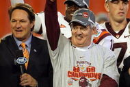 MIAMI - JANUARY 01:  Head coach Frank Beamer of the Virginia Tech Hokies celebrates after defeating the Cincinnati Bearcats to win the FedEx Orange Bowl at Dolphin Stadium on January 1, 2009 in Miami, Florida.  (Photo by Streeter Lecka/Getty Images)