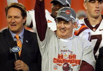 MIAMI - JANUARY 01:  Head coach Frank Beamer of the Virginia Tech Hokies celebrates after defeating the Cincinnati Bearcats to win the FedEx Orange Bowl at Dolphin Stadium on January 1, 2009 in Miami, Florida.  (Photo by Streeter Lecka/Getty Images)