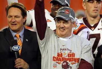 MIAMI - JANUARY 01:  Head coach Frank Beamer of the Virginia Tech Hokies celebrates after defeating the Cincinnati Bearcats to win the FedEx Orange Bowl at Dolphin Stadium on January 1, 2009 in Miami, Florida.  (Photo by Streeter Lecka/Getty Images)